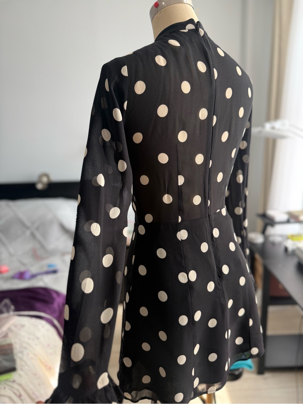 Reformation Black and White Polka Dot Tie-Neck Dress Size 2 - Picture 7 of 10